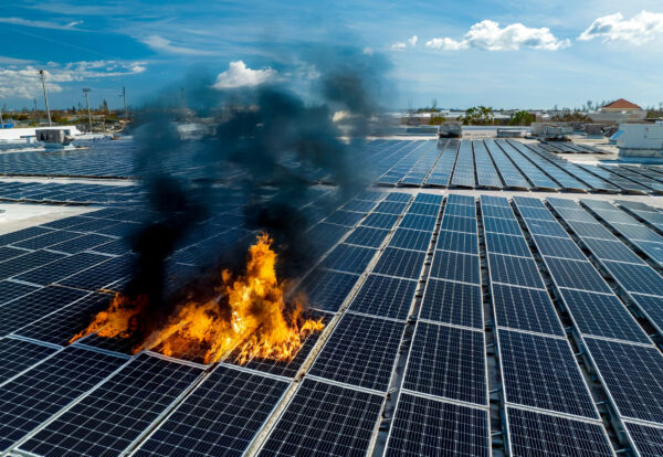 Aerial view of blue photovoltaic solar panels mounted on industrial building roof for producing clean ecological electricity. Production of renewable energy concept